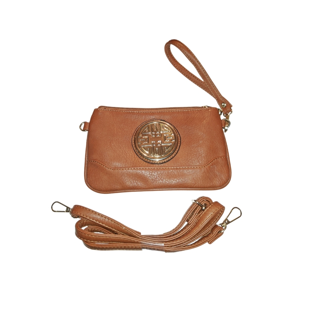 Convertible Cognac Crossbody Baguette Wristlet Bag Gold Tone Hardware NWOT